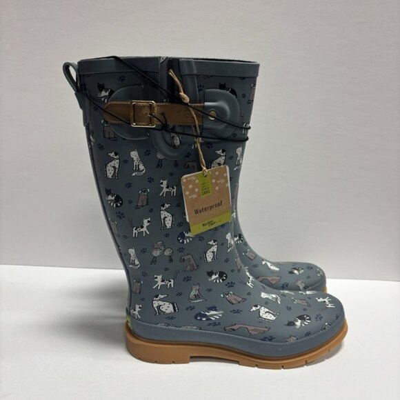 Western Chief Women’s Furry Friends Tall Rain Boots Blue, Size 7 M - Picture 1 of 6